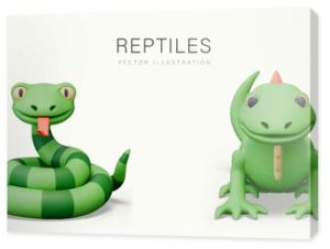 Set of reptiles in realistic cartoon style. Green striped snake, iguana