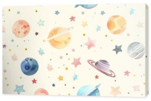 Whimsical Watercolor Space Pattern Featuring Planets, Stars, and Celestial Bodies in Soft Pastel Colors, Perfect for Children's Room Decor, Stationery, and Textile Designs