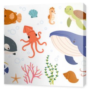 Sea animals. Ocean underwater aqua life. Marine wild animal. Childish tropical colorful fish, coral, algae and exotic elements. Funny whale, starfish, octopus, shrimp. Vector set.