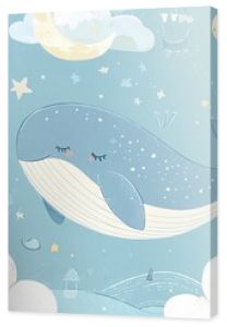 A vector illustration in  style featuring a hand-drawn, colorful, cute whale in the sky with air balloons, clouds, and the moon. Perfect for kids' wallpaper, baby room design