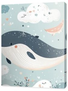 A vector illustration in  style featuring a hand-drawn, colorful, cute whale in the sky with air balloons, clouds, and the moon. Perfect for kids' wallpaper, baby room design