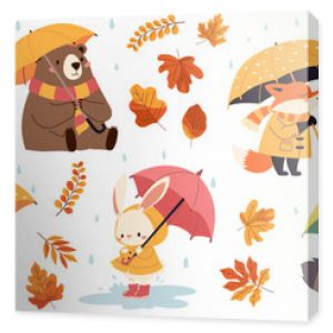 Set of flat vector illustrations in children's style. Cute animals in raincoats and with umbrellas. Hedgehog fox bear raccoon hare in the rain, fall leaves. Vector illustration