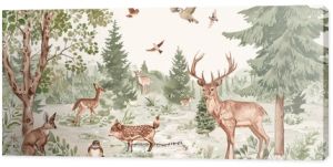 91. Whimsical children's wallpaper featuring hand-drawn animals in a magical forest setting, perfect for a cozy and imaginative children's room