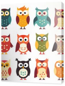 A collection of twelve cartoon owls in various colors and styles, each with unique expressions and features.