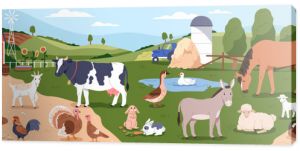 Farm domestic animals, livestock at countryside barnyard. Farmyard, rural landscape with country fauna. Cow, horse, poultry, pig and goat at barn yard in village ranch. Flat vector illustration