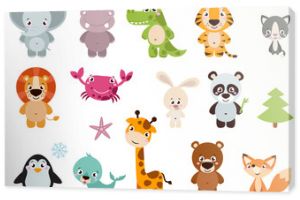 Big set isolated animals. Vector collection funny animals. Cute animals: forest, farm, domestic, polar in cartoon style. Giraffe, elephant, crab, rabbit, fox