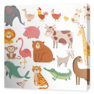 Cartoon animals. Cute elephant and lion, giraffe and crocodile, cow and chicken, dog and cat. Farm and savanna animals vector set