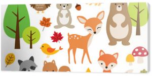 Ilustracja wektorowa uroczych zwierząt leśnych, w tym jelenia, królika, jeża, niedźwiedzia, lisa szopa, ptaka, sowy i wiewiórki