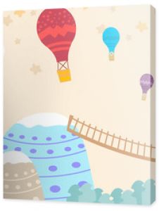 Graphic illustration for kids room wallpaper with house sky full of stars,stairs,hill,and air balloon. Can use for print on the wall, pillows, decoration kids interior, baby wear, t shirt, and card