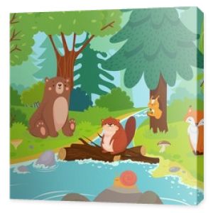 Kreskówka zwierzęta leśne Dziki niedźwiedź zabawna wiewiórka i słodkie ptaki na lasach drzew dzieci wektor tle ilustracji