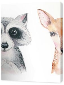 Akwarela zestaw leśnej kreskówki na białym tle słodkie dziecko lisa jelenia szopa i sowy z kwiatami Przedszkole lasów ilustracja B