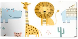 Seamless childish pattern with cute African animals. Scandinavian style kids texture for fabric, wrapping, textile. Vector illustration.