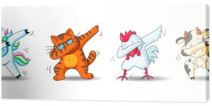 Zestaw uroczych postaci z kreskówek w pozach tanecznych dub Ręcznie rysowane jednorożec kot kurczak krowa robi dabbing ilustracja wektorowa dla dzieci