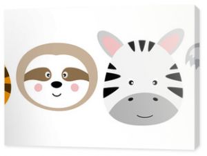 Cute cartoon characters animals panda, tiger, sloth, zebra, koala, lion kawaii flat style.