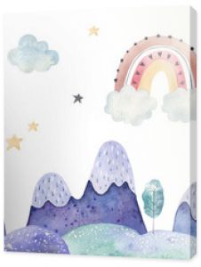 seamless pattern winter landscape, trees, mountains, clouds and stars watercolor childrens illustration on a white background, nursery room decor, print