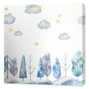 seamless pattern winter landscape, trees, clouds and stars watercolor childrens illustration on a white background, nursery room decor, print