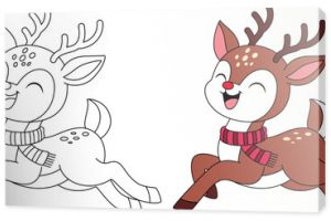 Deer prancing joyfully in the snow outline coloring page. Christmas and Winter Animal Illustration