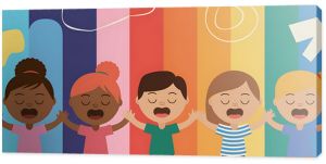 Smiling diverse children singing together in front of a colorful rainbow background  joyful and happy  perfect for a children s song or celebration   