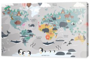 The world map with cartoon animals for kids, nature, discovery and continent name, ocean name, countries name. vector Illustration.