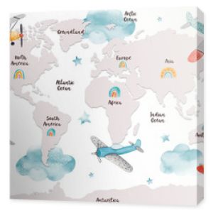 World map for kids with cute cartoon planes, clouds and rainbows. Children's map design for wallpaper, kid's room, wall art. America, Europa, Asia, Africa, Australia, Arctica. Watercolor illustration.