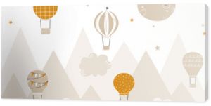 Vector children hand drawn doodle mountain illustration in scandinavian style. Mountain landscape, clouds, air balloons and cute moon. Kids wallpaper. Mountainscape, baby room design, wall decor.