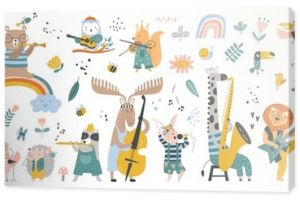 Isolated set with cute animals playing on different music instruments in Scandinavian style. Cartoon animals playing music. Ideal kids design, for fabric, wrapping, textile, wallpaper, apparel