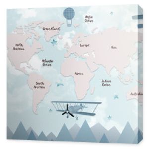 World map for kids with cute cartoon planes and air balloons. Children's map design for wallpaper, kid's room, wall art. America, Europa, Asia, Africa, Australia, Arctica. illustration.