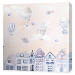 A painted children's city. A fabulous watercolor city in the clouds. Photo wallpapers for the children's room. Decorative pattern for the wall. Mural for interior decoration. A magical toy world.