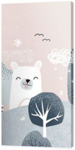 Cute pastel winter forest landscape with animals. Childish trendy print. Vector hand drawn illustration.