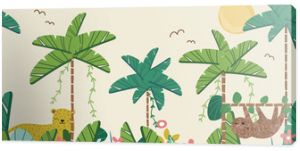 Cute jungle wallpaper for kids. Tropical seamless pattern. Vector hand drawn illustration.