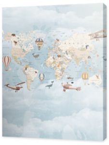 Children's map of the world in English. Detailed world map with the names of countries and capitals, with animals, airplanes and balloons. Children's educational photo wallpaper with the world map on 