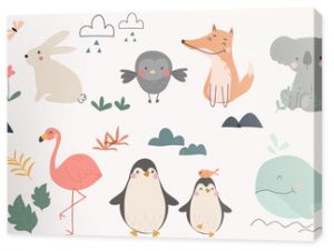 Set of cute animal vector. Friendly wild life with bear, sloth, rabbit, penguin, koala, donkey in doodle pattern. Adorable funny animal and many characters hand drawn collection on white background.