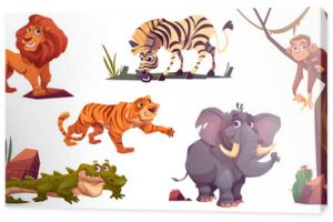 Cartoon wild animals tiger, monkey, zebra and lion with elephant and crocodile. Jungle inhabitants predators and herbivorous in zoo or safari park. Beasts in fauna, isolated vector illustrations set