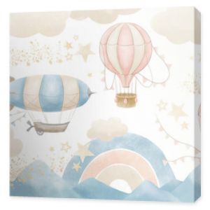 Wallpaper with Hot Air Balloons. Seamless wall paper for baby room. Pattern with clouds, rainbow and mountains for childish design. Blue and beige pastel colors