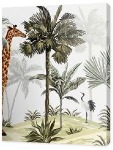 tropical jungle wallpaper design, giraffe, bird and leopard, hand drawing effect, wallpaper for kids room, interior design, mural art.