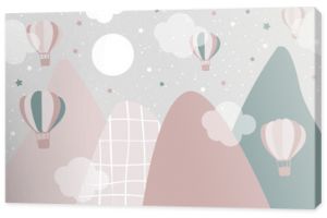 Vector hand drawn childish wallpaper with mountains, balloons and clouds. Modern 3D wallpaper for the children's room. Doodle style. 