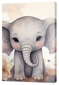 watercolor style illustration of happy baby elephant in flower blossom garden, idea for home wall decor, kid room, Generative Ai