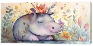 watercolor style illustration of happy hippo in flower blossom garden, idea for home wall decor, kid room, Generative Ai