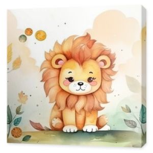 watercolor style illustration of happy lion cub in flower blossom garden, idea for home wall decor, kid room, Generative Ai