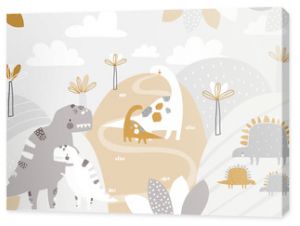 Vector children hand drawn mountain and cute dinosaurs illustration in scandinavian style. Mountain landscape, clouds. Children's tropical wallpaper. Mountainscape, children's room design, wall decor.