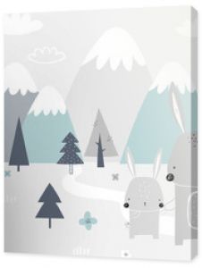 Vector children hand drawn mountain and cute bunny illustration in scandinavian style. Mountain landscape, clouds. Children's forest wallpaper. Mountainscape, children's room design, wall decor.