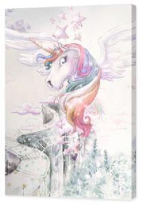 Rainbow Pegasus.  llustration for wallpaper, mural, card, dpoter, interior decoration. Kids room.