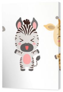 Cute african animal set. Kawaii style safari animals vector illustration. Cute cartoon collection. Happy tropical animals leopard, cheetah, giraffe, zebra, elephant, hippopotamus. Adorable characters.
