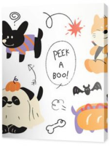Szczęśliwego Halloween, kochany wektor zwierzaka Śliczna kolekcja psów z kostiumami na Halloween duch nietoperz dyniowy pająk Urocze zwierzę ch