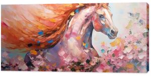 art illustration of cute horse in flower blossom atmosphere, Generative Ai