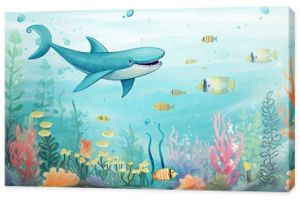 Underwater adventure: vector illustration of children and sea creatures for nursery wall and kids room