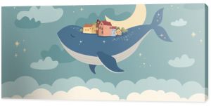 Children graphic illustration for nursery wall. Wallpaper design for kids room interior. Vector illustration with fantasy magic city on the back of whale flying in the sky