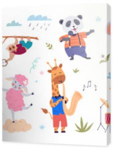 Musical animals collection. Cute cartoon music character. Musical animals set. Animal music band play jazz on sound instrument. Childish party orchestra. Funny kid dance poster celebration background