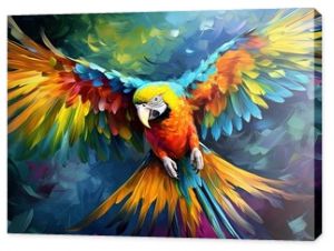 oil painting style illustration, macaw bird flying in tropical jungle ,cute and adorable wildlife, idea for wall art decor and background wallpaper, Generative Ai