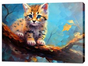  oil painting style illustration, cute leopard pub on tree cute and adorable wildlife, idea for wall art decor and background wallpaper, Generative Ai